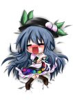  blue_hair blush boots chibi closed_eyes cross-laced_footwear drooling food fruit gradient hat hinanawi_tenshi knee_boots lace-up_boots lace_up_boots leaf long_hair lying nanatsu_yashiki open_mouth peach saliva skirt touhou 