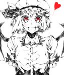  bat_wings excited fang happy hat heart monochrome open_mouth red_eyes remilia_scarlet short_hair smile spot_color touhou vampire watata13 wings 