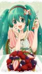  food fork fruit galibo green_eyes green_hair hatsune_miku headphones holding holding_fork long_hair smile strawberry twintails vocaloid 
