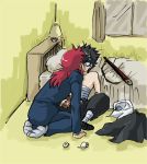 2boys bandage bed black_hair hiei kiss kurama redhead surprise sword topless yaoi yu_yu_hakusho