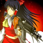  assault_rifle battle_rifle black_hair bow gun hair_bow hakurei_reimu howa_type_64 junkei long_hair midriff rifle touhou weapon 