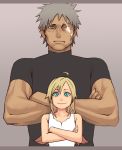  and aqua_eyes bad_id bare_shoulders blonde_hair crossed_arms father_and_daughter grey_hair height_difference long_hair muscle mustard_seeds one-eyed original scar size_difference smile spiked_hair spiky_hair t-shirt tank_top 