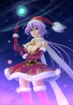  boots breasts cleavage elbow_gloves gloves green_eyes hat mcq original purple_hair santa_costume santa_hat scarf solo thigh-highs thigh_boots thighhighs 
