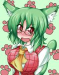  ascot bespectacled blush breasts bust cat_ears cat_tail embarrassed fang glasses green_hair huge_breasts kazami_yuuka kemonomimi_mode paw_print plaid_vest red_eyes short_hair solo tail touhou 