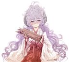  hanyuu higurashi_no_naku_koro_ni horns japanese_clothes long_hair messy_hair miko omikuji purple_eyes purple_hair ryou_(shirotsumesou) smile violet_eyes 