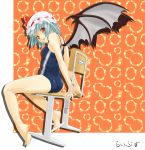  barefoot bat_wings blue_hair feet flat_chest hat highres legs libus one-piece_swimsuit red_eyes remilia_scarlet school_swimsuit short_hair soles solo spread_toes swimsuit toe-spread toes touhou wings 
