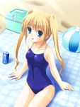  beachball blonde_hair green_eyes long_hair miu_(c_blue) one-piece_swimsuit sand soda_can swimsuit twintails 