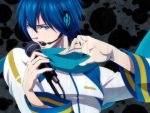  blue_eyes blue_hair dokuya headphones headset kaito male microphone open_mouth scarf solo vocaloid 