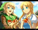  1girl a_link_to_the_past apple blonde_hair blue_eyes couple earrings food fruit hat jewelry link long_hair muse_(rainforest) nintendo pointy_ears princess_zelda the_legend_of_zelda 