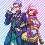  1girl 9wa bad_id blue_eyes blue_hair glasses gloves gradient_hair hubert_ozwell multicolored_hair pascal red_eyes red_hair redhead tales_of_(series) tales_of_graces two-tone_hair white_hair 