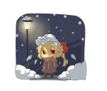  1girl blonde_hair chibi eiri_(eirri) flandre_scarlet highres red_eyes scarf side_ponytail snow solo touhou 