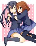  black_hair blazer blush brown_eyes brown_hair hair_ornament hairclip hirasawa_yui hug k-on! kneehighs long_hair multiple_girls nakano_azusa pantyhose school_uniform short_hair skirt socks suika-tk twintails wink 