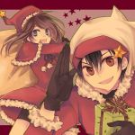  bag black_hair blue_eyes brown_eyes brown_hair christmas fangs gift gloves hat holding holding_gift jikei odamaki_sapphire pokemon pokemon_special ruby_(pokemon) sack santa_costume star 