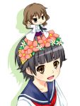  black_hair brown_eyes brown_hair chibi head_wreath kiyama_harumi labcoat necktie pantyhose piku school_uniform serafuku short_hair skirt to_aru_kagaku_no_railgun to_aru_majutsu_no_index uiharu_kazari v 