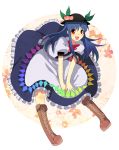  :d blue_hair boots cross-laced_footwear food fruit garigarigari hat highres hinanawi_tenshi knee_boots lace-up_boots leaning_forward long_hair looking_at_viewer open_mouth peach red_eyes skirt smile touhou transparent_background v_arms 