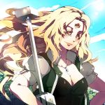  blonde_hair breasts cleavage coat hand_on_hip hips jewelry long_hair necklace noto opera_vectra sky smile solo star_ocean star_ocean_the_second_story third_eye weapon yellow_eyes 