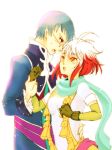  1girl blue_eyes blue_hair glasses gloves hubert_ozwell multicolored_hair pascal red_hair redhead scarf tales_of_(series) tales_of_graces two-tone_hair white_hair yellow_eyes yuki_ya 