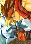  2boys blonde_hair blue_eyes brown_hair clenched_hand faux_traditional_media fingerless_gloves forehead_protector gloves grin guilty_gear guilty_gear_xrd hair_ribbon headband highres ky_kiske long_hair multiple_boys muscle no_n@me ponytail ribbon smile sol_badguy spiky_hair sword weapon 