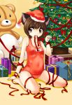  bad_id brown_eyes brown_hair cat_ears cat_tail chen christmas christmas_tree clothed_navel hat multiple_tails navel one-piece_swimsuit orangec paw_pose red_eyes ribbon school_swimsuit short_hair swimsuit tail tail_ribbon touhou 