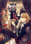  ame_(artist) beaker blonde_hair blood blue_eyes bunny candelabra candle chandelier chess curtains dress formal graduated_cylinder hands_clasped hookah long_hair male mask original petals rabbit ribbon suit zebra 