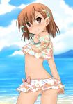  1girl back beach beauty_love bikini biribiri blush bow breasts brown_eyes brown_hair coin electricity foreshortening frilled_swimsuit frills grin looking_back misaka_mikoto ocean polka_dot polka_dot_swimsuit ribs smile solo swimsuit tankini to_aru_kagaku_no_railgun to_aru_majutsu_no_index underboob water 