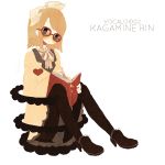  blonde_hair blue_eyes book glasses hair_ribbon kagamine_rin meisa pantyhose ribbon shoes short_hair simple_background solo vocaloid 