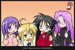  ahoge black_hair blonde_hair blue_eyes emiya_shirou fate/stay_night glasses green_eyes hiiragi_kagami hiiragi_tsukasa izumi_konata kagami_yoshimizu_(style) long_hair lucky_star matou_sakura parody purple_hair rider saber short_hair takara_miyuki tareme thumbs_up tohsaka_rin tsurime twintails violet_eyes 