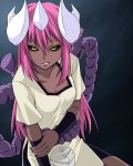  breasts cleavage dark_skin demon_girl horns kumataka long_hair nail_polish naruto pink_hair red_hair redhead rope simple_background tayuya yellow_eyes yin_yang 