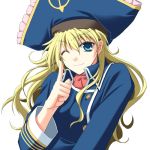  adult bad_id bicorne blonde_hair blue_eyes hat long_hair lowres patty_fleur pointing ryouta solo tales_of_(series) tales_of_vesperia uniform wink 