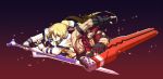  2boys blonde_hair brown_eyes brown_hair capelet elbow_gloves exocet fighting_stance fingerless_gloves gloves guilty_gear guilty_gear_xrd highres ky_kiske lighter long_hair multiple_boys muscle ponytail reverse_grip sol_badguy spiky_hair sword uniform very_long_hair weapon 