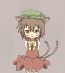  arms_behind_back bloomers blush brown_eyes brown_hair cat_ears cat_tail chen hat multiple_tails shiki_(guwang) short_hair simple_background smile solo tail touhou 