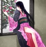  bangs black_hair blunt_bangs hime_cut japanese_clothes kimono long_hair original sakamoto_mineji side_slit snow solo 