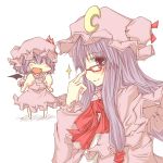  :d adjusting_glasses bat_wings bespectacled chibi closed_eyes crescent glasses hat long_hair moon natsuk open_mouth patchouli_knowledge purple_eyes purple_hair remilia_scarlet ribbon short_hair smile sparkle touhou violet_eyes wings 