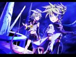  blonde_hair blue_eyes brother_and_sister hair_ornament hair_ribbon hairclip headphones kagamine_len kagamine_rin leash neon_lights night potchi ribbon short_hair siblings twins vocaloid 