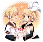  :q birthday blonde_hair brother_and_sister cake closed_eyes food fork hair_ornament hair_ribbon hairclip hara_yui headphones headset heart kagamine_len kagamine_rin necktie pastry ribbon short_hair siblings smile tongue twins vocaloid 