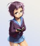  brown_eyes cardigan glasses kojamerii nagato_yuki purple_hair school_uniform short_hair suzumiya_haruhi_no_yuuutsu 
