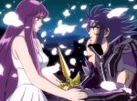  armor athena breasts dress gemini_saga long_hair purple_hair saint_seiya saori_kido sideboob 