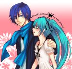  aqua_hair bad_id blue_eyes blue_hair blush hair_ribbon hatsune_miku kaito long_hair mochiko_(pixiv1116288) ribbon scarf smile twintails vocaloid world_is_mine_(vocaloid) 