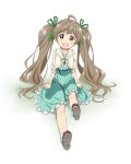  1girl ahoge bow brown_eyes brown_hair dress frilled_skirt green_dress hair_bow hakozaki_serika highres idolmaster idolmaster_million_live! long_hair looking_at_viewer open_mouth shoe_soles shoes simple_background sitting skirt smile solo twintails very_long_hair yamaguchi_satoshi 
