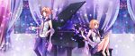  blonde_hair blue_eyes brother_and_sister butterfly grand_piano hair_ornament hairclip instrument kagamine_len kagamine_rin migikata_no_chou_(vocaloid) piano piano_bench short_hair siblings skirt twins vocaloid 