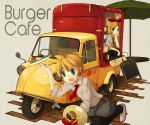  1girl 456 blonde_hair blue_eyes brother_and_sister car daihatsu daihatsu_midget food hair_ribbon highres kagamine_len kagamine_rin motor_vehicle open_mouth plate red_bull ribbon short_hair siblings sleeves_rolled_up smile sweatdrop twins van vehicle vocaloid 