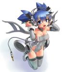  :d blue_eyes blue_hair blush breasts cleavage demon_girl detached_sleeves headphones horns katahira_masashi leotard looking_at_viewer open_mouth original personification simple_background smile solo sony thigh-highs thighhighs twintails wings 