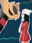  1girl alternate_costume beanie blue_background blue_eyes blue_hair coat giratina hair_ornament hat hikari_(pokemon) hikari_(pokemon)_(remake) long_hair pokemon pokemon_(creature) pokemon_(game) pokemon_dppt scarf simple_background smile tegaki 