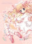  :d artist_name blonde_hair blue_eyes blush candy dress holdng long_hair looking_at_viewer maid_headdress morinaga_korune open_mouth original smile solo stuffed_animal stuffed_toy teddy_bear thigh-highs thighhighs two_side_up 
