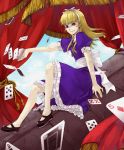  1girl alice_(megami_tensei) artist_request bangs blonde_hair blue_dress card child clubs curtains devil_summoner devil_survivor_2 diamond dress hair_ribbon hairband heart jpeg_artifact long_hair looking_at_viewer mary_janes megami_ibunroku_devil_survivor megami_tensei persona puffy_sleeves red_eyes ribbon scanlines shin_megami_tensei shoes sitting smile spade 