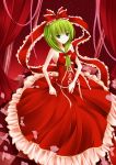  absurdres alternate_costume bow curtains dress front_ponytail green_eyes green_hair hair_bow highres kagiyama_hina long_hair long_skirt petals red_skirt ribbon skirt smile solo standing touhou 