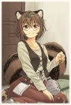  animal_ears bottle brown_eyes brown_hair futatsuiwa_mamizou glasses highres leaf leaf_on_head pince-nez raccoon_ears raccoon_tail short_hair smile solo tail touhou wild_and_horned_hermit yudepii 