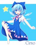  blue_background blue_eyes blue_hair blush bow character_name chatamaru_(irori_sabou) cirno flat_chest hair_bow highres open_mouth short_hair simple_background smile solo star touhou tyata-maru wink 