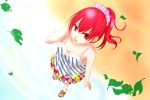  bare_shoulders cul dress from_above hair_ornament leaf long_hair matsuoka_mai myme ponytail red_eyes sandals solo vocaloid wading water 