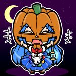 bow candle chibi clenched_hands closed_eyes crescent eruru_(erl) eruru_(pixiv356391) eyes_closed fang halloween hinanawi_tenshi jack-o&#039;-lantern lantern long_hair long_skirt mask night open_mouth outstretched_arms puffy_sleeves short_sleeves skirt solo touhou very_long_hair
